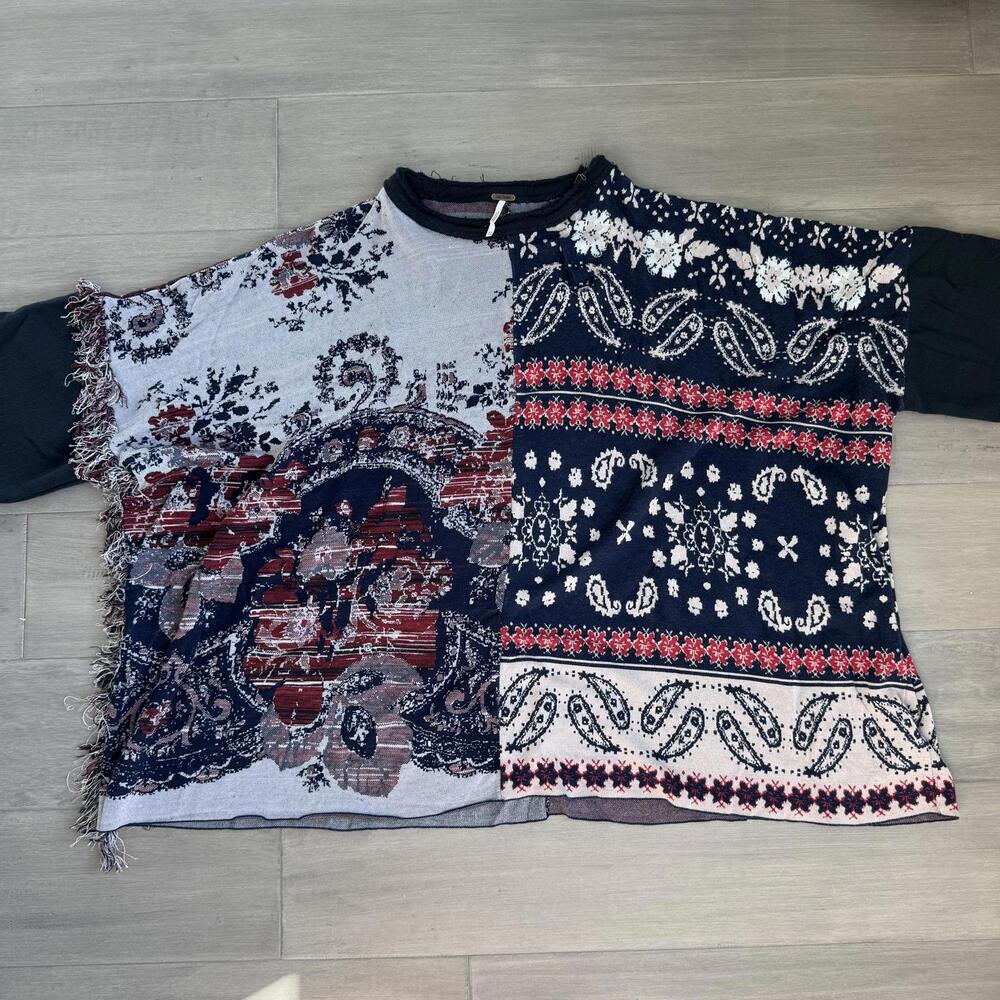 Free People Patchwork Pattern Paisley Poncho Swea… - image 8